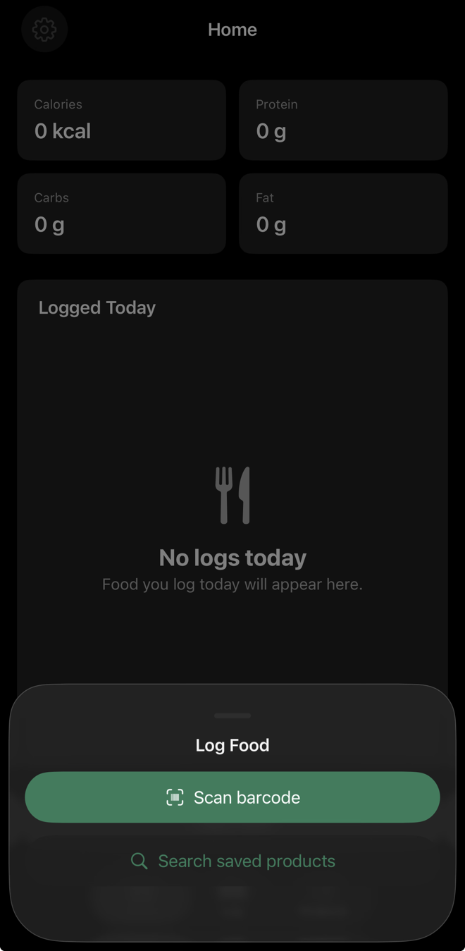 Nutrition app food logging menu with options to scan a barcode or search saved products